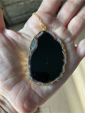 Gold-Trim Black Agate Slice Necklace